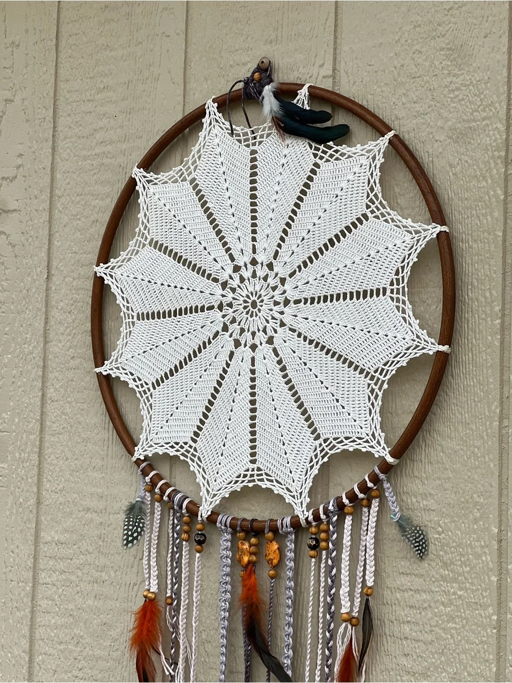 Handmade White Crochet Dreamcatcher Wall Hanging with Brown Hoop Boho Western